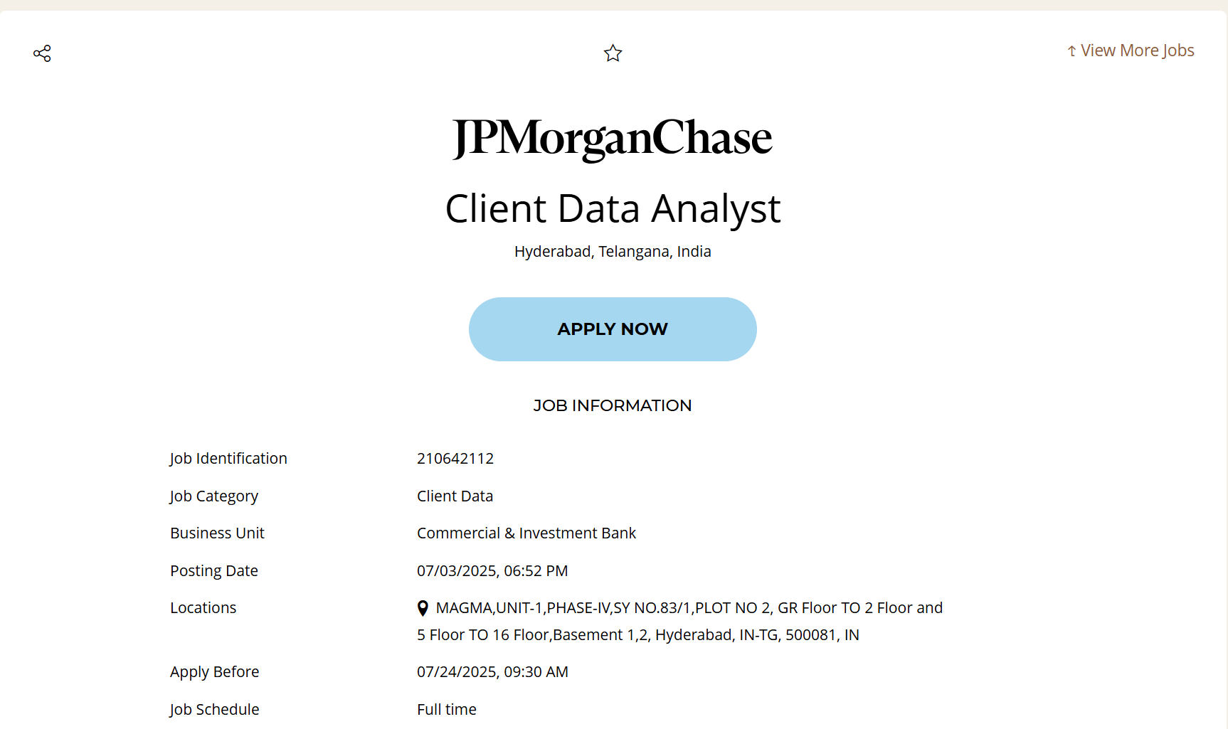 Read more about the article Hiring at JPMorgan Chase – Client Data Analyst in Hyderabad